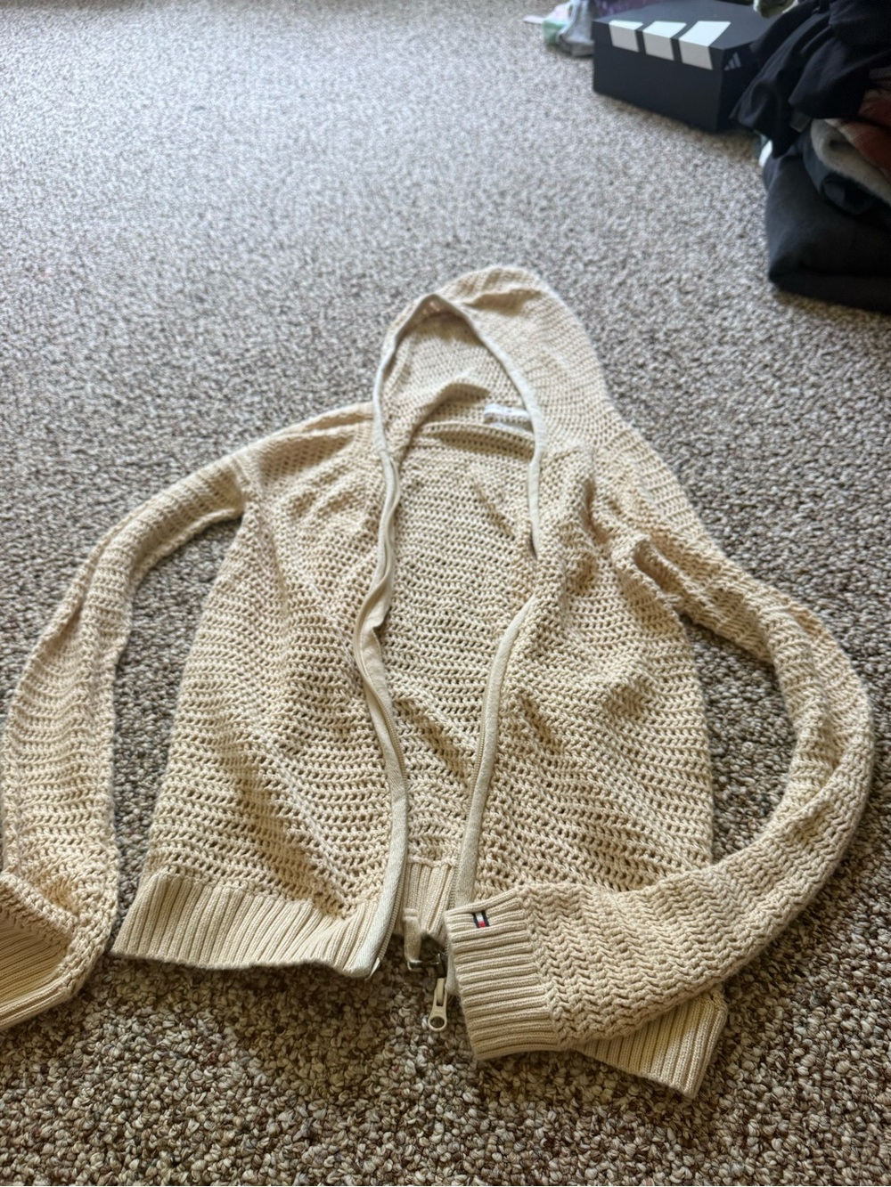Tommy Hilfiger Beige Open-Knit Hooded Zip Sweater